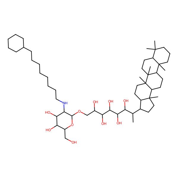 2D Structure of 7-(5a,5b,8,8,11a,13b-Hexamethyl-1,2,3,3a,4,5,6,7,7a,9,10,11,11b,12,13,13a-hexadecahydrocyclopenta[a]chrysen-3-yl)-1-[3-(8-cyclohexyloctylamino)-4,5-dihydroxy-6-(hydroxymethyl)oxan-2-yl]oxyoctane-2,3,4,5,6-pentol