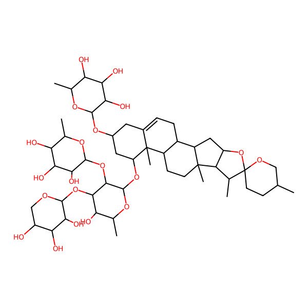 2D Structure of (2R,3R,4R,5R,6S)-2-[(1S,2S,4S,5'S,6R,7S,8R,9S,12S,13R,14R,16R)-14-[(2R,3R,4S,5S,6R)-5-hydroxy-6-methyl-3-[(2S,3R,4R,5R,6S)-3,4,5-trihydroxy-6-methyloxan-2-yl]oxy-4-[(2S,3R,4S,5R)-3,4,5-trihydroxyoxan-2-yl]oxyoxan-2-yl]oxy-5',7,9,13-tetramethylspiro[5-oxapentacyclo[10.8.0.02,9.04,8.013,18]icos-18-ene-6,2'-oxane]-16-yl]oxy-6-methyloxane-3,4,5-triol