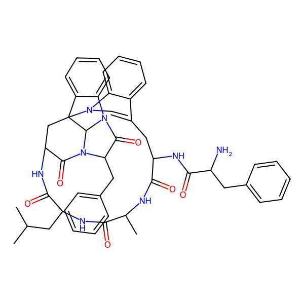 2D Structure of (2S)-2-amino-N-[(1S,11S,14S,17S,20S,23S,33S)-23-benzyl-14-methyl-17-(2-methylpropyl)-12,15,18,21,24-pentaoxo-2,13,16,19,22,25-hexazaheptacyclo[18.11.1.11,22.12,9.03,8.026,31.025,33]tetratriaconta-3,5,7,9(34),26,28,30-heptaen-11-yl]-3-phenylpropanamide