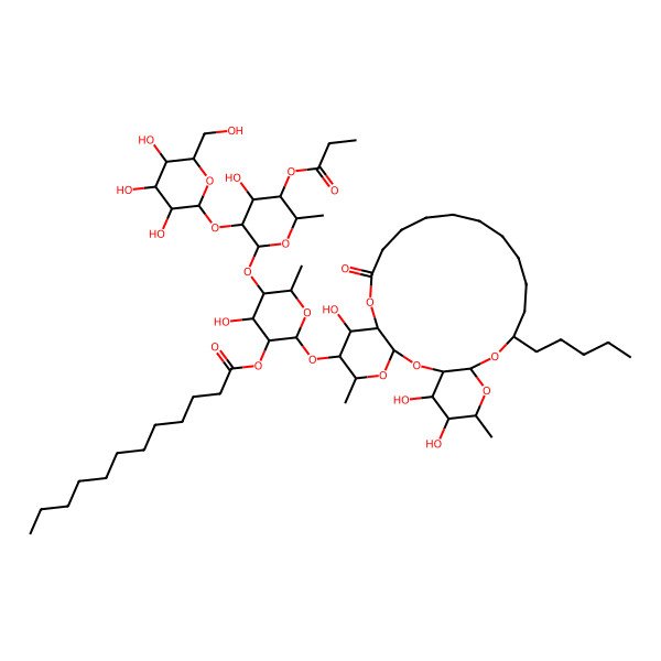 2D Structure of [(2S,3R,4R,5R,6S)-4-hydroxy-5-[(2S,3R,4R,5R,6S)-4-hydroxy-6-methyl-5-propanoyloxy-3-[(2S,3R,4S,5S,6R)-3,4,5-trihydroxy-6-(hydroxymethyl)oxan-2-yl]oxyoxan-2-yl]oxy-6-methyl-2-[[(1R,3S,5S,6R,7R,8R,20S,22R,24R,25S,26S)-7,25,26-trihydroxy-5,24-dimethyl-10-oxo-20-pentyl-2,4,9,21,23-pentaoxatricyclo[20.4.0.03,8]hexacosan-6-yl]oxy]oxan-3-yl] dodecanoate