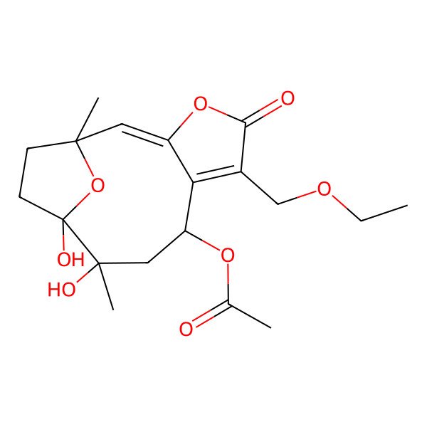 2D Structure of [6-(Ethoxymethyl)-10,11-dihydroxy-1,10-dimethyl-5-oxo-4,14-dioxatricyclo[9.2.1.03,7]tetradeca-2,6-dien-8-yl] acetate