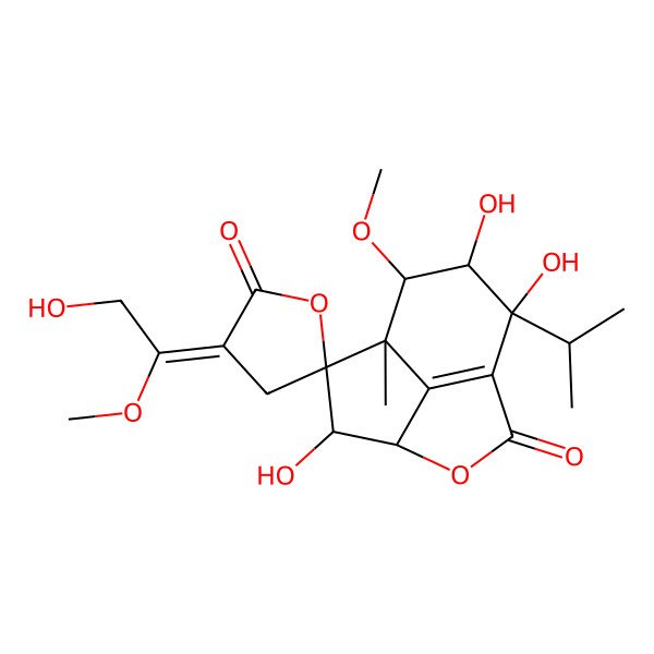 2D Structure of (3'E,4S,5R,6S,7S,8S,9S,10R)-5,9,10-trihydroxy-3'-(2-hydroxy-1-methoxyethylidene)-8-methoxy-7-methyl-10-propan-2-ylspiro[3-oxatricyclo[5.3.1.04,11]undec-1(11)-ene-6,5'-oxolane]-2,2'-dione