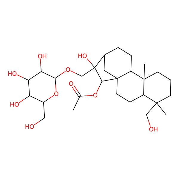 2D Structure of [(1R,4S,5R,9R,10S,13R,14R,15R)-14-hydroxy-5-(hydroxymethyl)-5,9-dimethyl-14-[[(2R,3R,4S,5S,6R)-3,4,5-trihydroxy-6-(hydroxymethyl)oxan-2-yl]oxymethyl]-15-tetracyclo[11.2.1.01,10.04,9]hexadecanyl] acetate