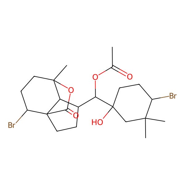2D Structure of [(R)-[(1R,4S)-4-bromo-1-hydroxy-3,3-dimethylcyclohexyl]-[(1S,4R,6R,9S)-9-bromo-6-methyl-10-oxo-11-oxatricyclo[4.3.2.01,5]undecan-4-yl]methyl] acetate
