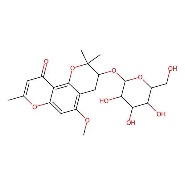 2D Structure of 5-Methoxy-2,2,8-trimethyl-3-[3,4,5-trihydroxy-6-(hydroxymethyl)oxan-2-yl]oxy-3,4-dihydropyrano[2,3-f]chromen-10-one