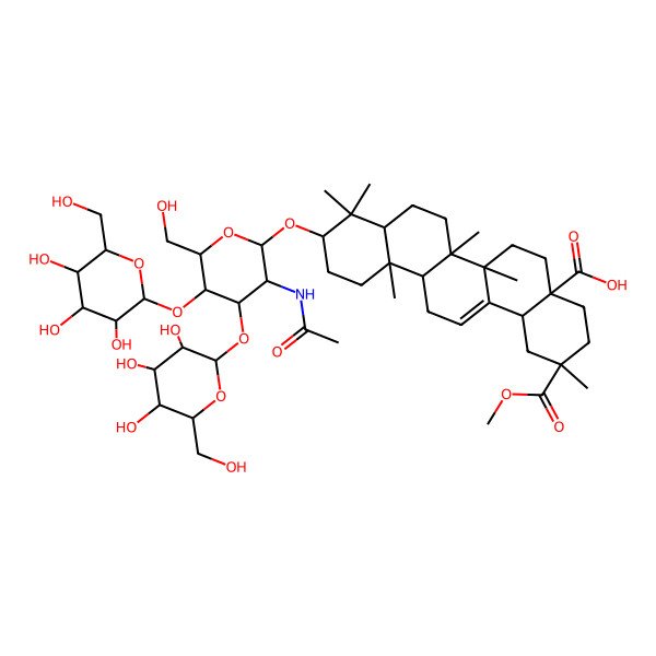 2D Structure of (2S,4aR,6aR,6aS,6bR,8aR,10S,12aR,14bS)-10-[(2R,3R,4R,5S,6R)-3-acetamido-6-(hydroxymethyl)-5-[(2S,3R,4S,5S,6R)-3,4,5-trihydroxy-6-(hydroxymethyl)oxan-2-yl]oxy-4-[(2R,3R,4S,5R,6R)-3,4,5-trihydroxy-6-(hydroxymethyl)oxan-2-yl]oxyoxan-2-yl]oxy-2-methoxycarbonyl-2,6a,6b,9,9,12a-hexamethyl-1,3,4,5,6,6a,7,8,8a,10,11,12,13,14b-tetradecahydropicene-4a-carboxylic acid