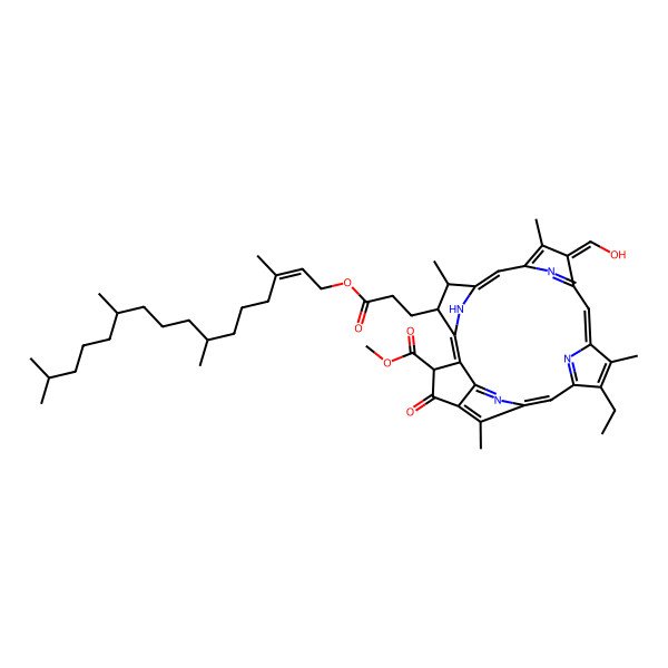 2D Structure of methyl (3R,21S,22S)-11-ethyl-16-(hydroxymethylidene)-12,17,21,26-tetramethyl-4-oxo-22-[3-oxo-3-[(E,7R,11R)-3,7,11,15-tetramethylhexadec-2-enoxy]propyl]-7,23,24,25-tetrazahexacyclo[18.2.1.15,8.110,13.115,18.02,6]hexacosa-1,5(26),6,8,10(25),11,13,15(24),17,19-decaene-3-carboxylate