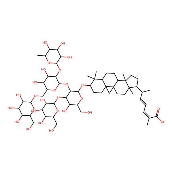 2D Structure of (2E,4E,6R)-6-[(1S,3R,6S,8R,11S,12S,15R,16R)-6-[(2S,3S,4R,5S,6S)-3-[(2S,3R,4S,5S,6R)-4,5-dihydroxy-6-[[(2S,3S,4R,5R,6S)-3,4,5-trihydroxy-6-(hydroxymethyl)oxan-2-yl]oxymethyl]-3-[(2S,3R,4R,5R,6S)-3,4,5-trihydroxy-6-methyloxan-2-yl]oxyoxan-2-yl]oxy-5-hydroxy-6-(hydroxymethyl)-4-[(2S,3R,4S,5S,6R)-3,4,5-trihydroxy-6-(hydroxymethyl)oxan-2-yl]oxyoxan-2-yl]oxy-7,7,12,16-tetramethyl-15-pentacyclo[9.7.0.01,3.03,8.012,16]octadecanyl]-2-methylhepta-2,4-dienoic acid