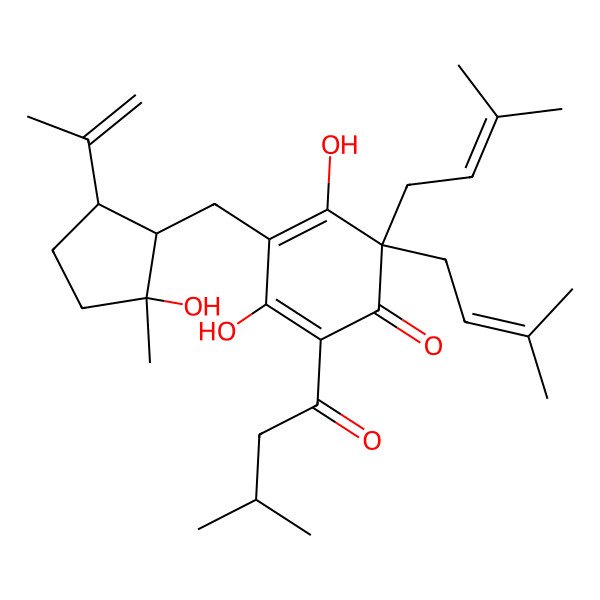 2D Structure of 3,5-dihydroxy-4-[[(1R,2S,5S)-2-hydroxy-2-methyl-5-prop-1-en-2-ylcyclopentyl]methyl]-2-(3-methylbutanoyl)-6,6-bis(3-methylbut-2-enyl)cyclohexa-2,4-dien-1-one