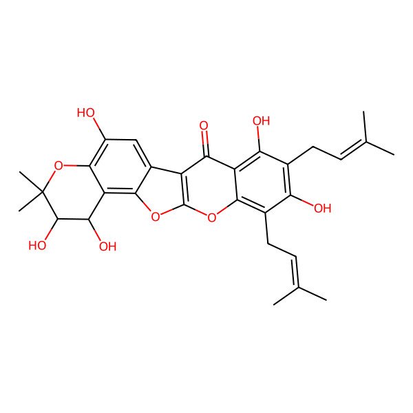 2D Structure of (15S,16R)-5,7,15,16,20-pentahydroxy-17,17-dimethyl-6,8-bis(3-methylbut-2-enyl)-10,12,18-trioxapentacyclo[11.8.0.02,11.04,9.014,19]henicosa-1(21),2(11),4,6,8,13,19-heptaen-3-one