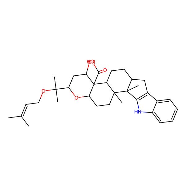 2D Structure of 9-Hydroxy-1,2-dimethyl-7-[2-(3-methylbut-2-enoxy)propan-2-yl]-6-oxa-23-azahexacyclo[12.10.0.02,11.05,10.016,24.017,22]tetracosa-16(24),17,19,21-tetraene-10-carboxylic acid