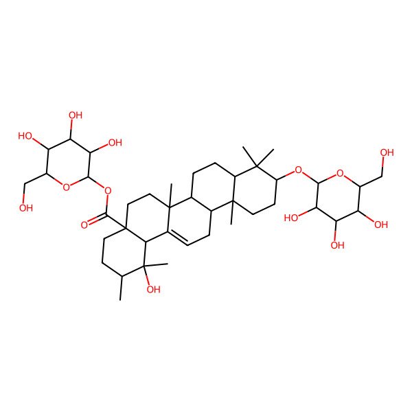 2D Structure of [(2R,3R,4S,5S,6R)-3,4,5-trihydroxy-6-(hydroxymethyl)oxan-2-yl] (1R,2R,4aS,6aS,12aR)-1-hydroxy-1,2,6a,9,9,12a-hexamethyl-10-[(2R,3R,4S,5S,6R)-3,4,5-trihydroxy-6-(hydroxymethyl)oxan-2-yl]oxy-3,4,5,6,6a,6b,7,8,8a,10,11,12,13,14b-tetradecahydro-2H-picene-4a-carboxylate