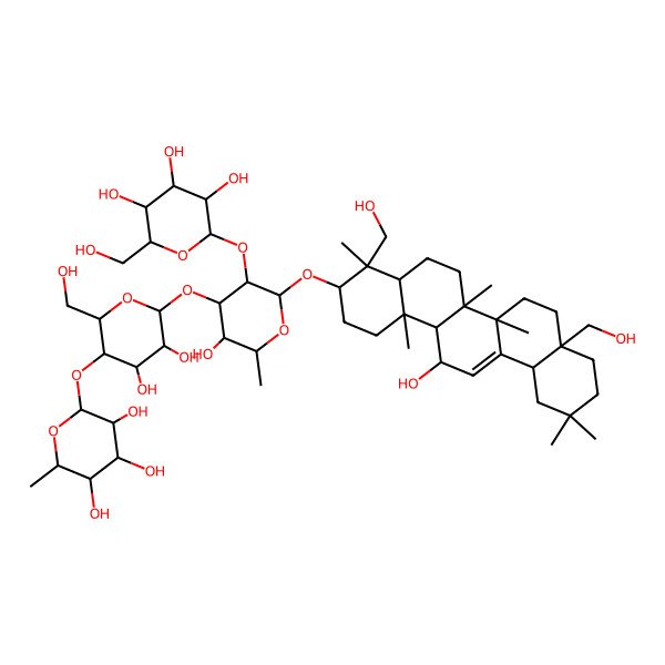 2D Structure of (2S,3R,4R,5R,6S)-2-[(2R,3S,4R,5R,6S)-6-[(2R,3R,4S,5S,6R)-2-[[(3S,4R,4aR,6aR,6bS,8aS,12aS,14R,14aR,14bS)-14-hydroxy-4,8a-bis(hydroxymethyl)-4,6a,6b,11,11,14b-hexamethyl-1,2,3,4a,5,6,7,8,9,10,12,12a,14,14a-tetradecahydropicen-3-yl]oxy]-5-hydroxy-6-methyl-3-[(2S,3R,4S,5S,6R)-3,4,5-trihydroxy-6-(hydroxymethyl)oxan-2-yl]oxyoxan-4-yl]oxy-4,5-dihydroxy-2-(hydroxymethyl)oxan-3-yl]oxy-6-methyloxane-3,4,5-triol