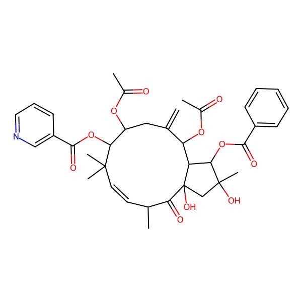 2D Structure of [(1R,2R,3aR,5S,6E,9S,10R,13R,13aS)-10,13-diacetyloxy-1-benzoyloxy-2,3a-dihydroxy-2,5,8,8-tetramethyl-12-methylidene-4-oxo-1,3,5,9,10,11,13,13a-octahydrocyclopenta[12]annulen-9-yl] pyridine-3-carboxylate