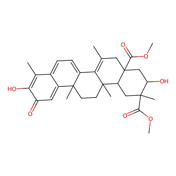 2D Structure of dimethyl (2S,3S,4aR,6aS,14aS,14bS)-3,10-dihydroxy-2,6,6a,9,14a-pentamethyl-11-oxo-3,4,5,13,14,14b-hexahydro-1H-picene-2,4a-dicarboxylate
