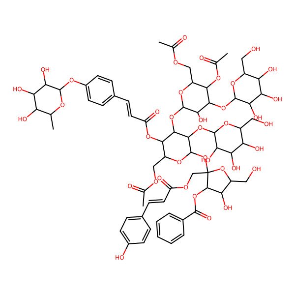 2D Structure of [2-[4-[5-Acetyloxy-6-(acetyloxymethyl)-3-hydroxy-4-[3,4,5-trihydroxy-6-(hydroxymethyl)oxan-2-yl]oxyoxan-2-yl]oxy-6-(acetyloxymethyl)-3-[3,4,5-trihydroxy-6-(hydroxymethyl)oxan-2-yl]oxy-5-[3-[4-(3,4,5-trihydroxy-6-methyloxan-2-yl)oxyphenyl]prop-2-enoyloxy]oxan-2-yl]oxy-4-hydroxy-5-(hydroxymethyl)-2-[3-(4-hydroxyphenyl)prop-2-enoyloxymethyl]oxolan-3-yl] benzoate