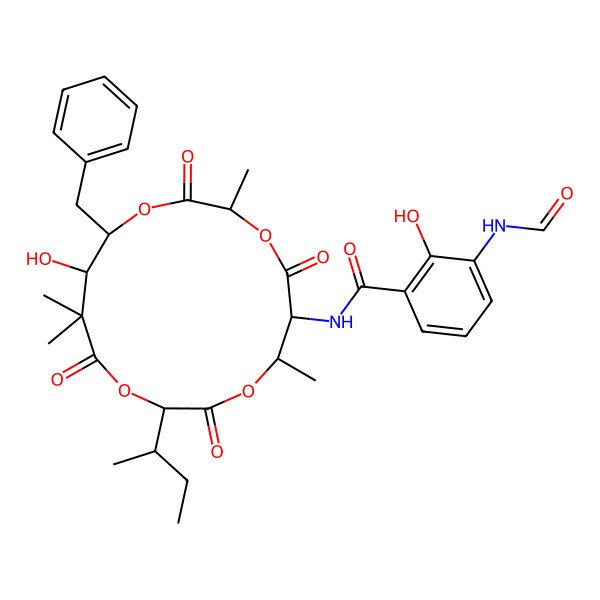 2D Structure of N-[(3R,6R,7R,10S,14R,15S)-15-benzyl-10-[(2R)-butan-2-yl]-14-hydroxy-3,7,13,13-tetramethyl-2,5,9,12-tetraoxo-1,4,8,11-tetraoxacyclopentadec-6-yl]-3-formamido-2-hydroxybenzamide