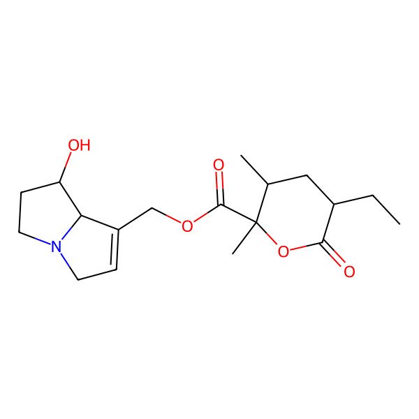 2D Structure of (7-hydroxy-5,6,7,8-tetrahydro-3H-pyrrolizin-1-yl)methyl 5-ethyl-2,3-dimethyl-6-oxooxane-2-carboxylate 2D Structure of (7-hydroxy-5,6,7,8-tetrahydro-3H-pyrrolizin-1-yl)methyl 5-ethyl-2,3-dimethyl-6-oxooxane-2-carboxylate