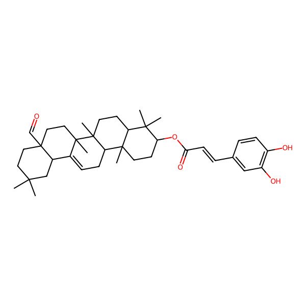 2D Structure of [(3S,4aR,6aR,6bS,8aS,12aS,14aR,14bR)-8a-formyl-4,4,6a,6b,11,11,14b-heptamethyl-1,2,3,4a,5,6,7,8,9,10,12,12a,14,14a-tetradecahydropicen-3-yl] (E)-3-(3,4-dihydroxyphenyl)prop-2-enoate