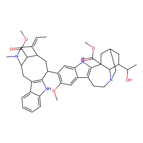 2D Structure of methyl (1R,15R,17S,18S)-6-[(1R,12S,14S,15E,18S)-15-ethylidene-18-methoxycarbonyl-17-methyl-10,17-diazatetracyclo[12.3.1.03,11.04,9]octadeca-3(11),4,6,8-tetraen-12-yl]-17-[(1S)-1-hydroxyethyl]-7-methoxy-3,13-diazapentacyclo[13.3.1.02,10.04,9.013,18]nonadeca-2(10),4,6,8-tetraene-1-carboxylate