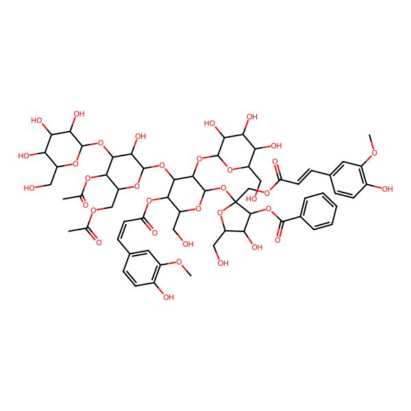 2D Structure of [(2S,3S,4R,5R)-2-[(2R,3R,4S,5R,6R)-4-[(2R,3R,4R,5R,6R)-5-acetyloxy-6-(acetyloxymethyl)-3-hydroxy-4-[(2R,3R,4S,5S,6R)-3,4,5-trihydroxy-6-(hydroxymethyl)oxan-2-yl]oxyoxan-2-yl]oxy-5-[(E)-3-(4-hydroxy-3-methoxyphenyl)prop-2-enoyl]oxy-6-(hydroxymethyl)-3-[(2S,3R,4S,5S,6R)-3,4,5-trihydroxy-6-(hydroxymethyl)oxan-2-yl]oxyoxan-2-yl]oxy-4-hydroxy-2-[[(E)-3-(4-hydroxy-3-methoxyphenyl)prop-2-enoyl]oxymethyl]-5-(hydroxymethyl)oxolan-3-yl] benzoate