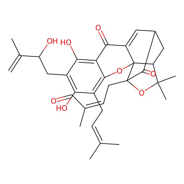 2D Structure of 4-[6,8-Dihydroxy-7-(2-hydroxy-3-methylbut-3-enyl)-17,17-dimethyl-5-(3-methylbut-2-enyl)-10,14-dioxo-3,16-dioxapentacyclo[11.4.1.02,11.02,15.04,9]octadeca-4(9),5,7,11-tetraen-15-yl]-2-methylbut-2-enal