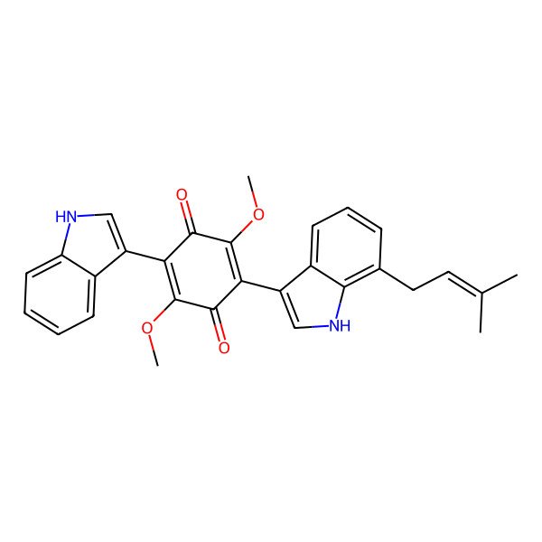 2D Structure of 2-(1H-indol-3-yl)-3,6-dimethoxy-5-[7-(3-methylbut-2-enyl)-1H-indol-3-yl]cyclohexa-2,5-diene-1,4-dione