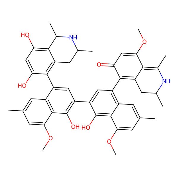 2D Structure of 5-[4'-(6,8-Dihydroxy-1,3-dimethyl-1,2,3,4-tetrahydroisoquinolin-5-yl)-1,1'-dihydroxy-8,8'-dimethoxy-6,6'-dimethyl[2,2'-binaphthalen]-4-yl]-8-methoxy-1,3-dimethyl-3,4-dihydroisoquinolin-6(2H)-one