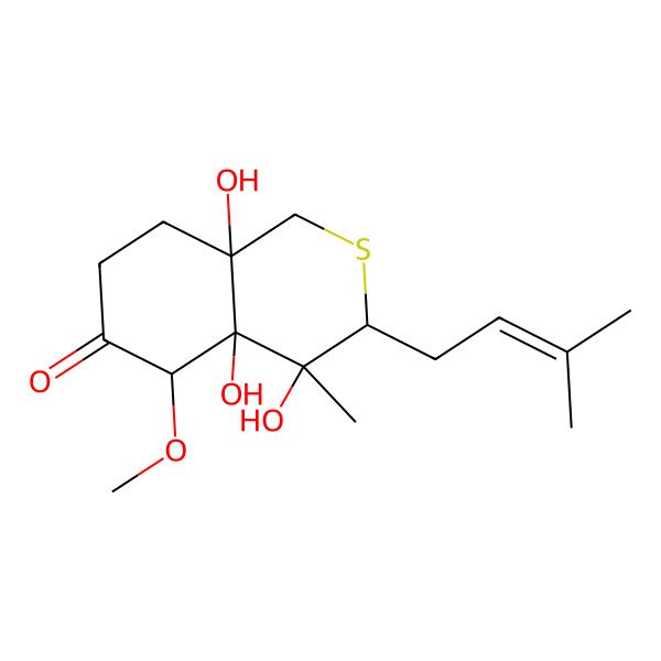 2D Structure of (3R)-4alpha,4aalpha,8abeta-Trihydroxy-5alpha-methoxy-4-methyl-3alpha-(3-methyl-2-butenyl)hexahydro-1H-2-benzothiopyran-6(5H)-one