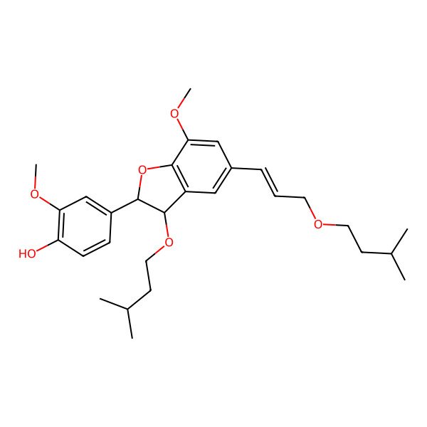 2D Structure of 2-methoxy-4-[(2S,3R)-7-methoxy-3-(3-methylbutoxy)-5-[(E)-3-(3-methylbutoxy)prop-1-enyl]-2,3-dihydro-1-benzofuran-2-yl]phenol