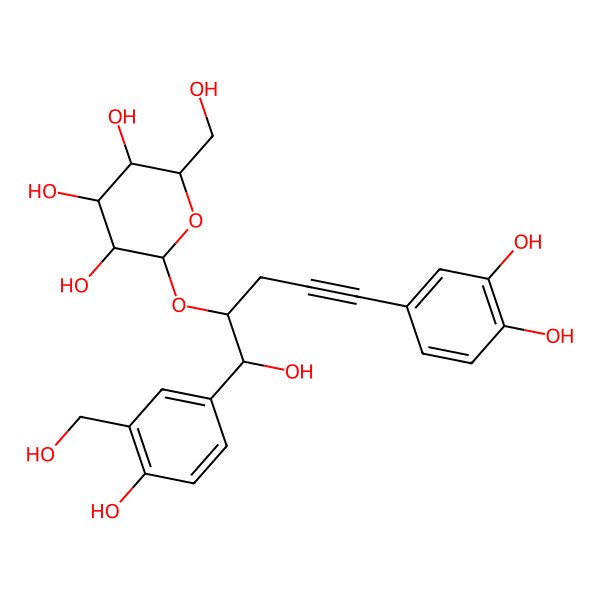 2D Structure of 2-[5-(3,4-Dihydroxyphenyl)-1-hydroxy-1-[4-hydroxy-3-(hydroxymethyl)phenyl]pent-4-yn-2-yl]oxy-6-(hydroxymethyl)oxane-3,4,5-triol