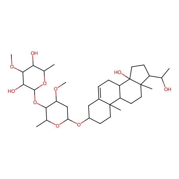 2D Structure of (2S,3R,4S,5S,6R)-2-[(2R,3R,4R,6R)-6-[[(3S,8R,9S,10R,13R,14S,17S)-14-hydroxy-17-[(1S)-1-hydroxyethyl]-10,13-dimethyl-1,2,3,4,7,8,9,11,12,15,16,17-dodecahydrocyclopenta[a]phenanthren-3-yl]oxy]-4-methoxy-2-methyloxan-3-yl]oxy-4-methoxy-6-methyloxane-3,5-diol