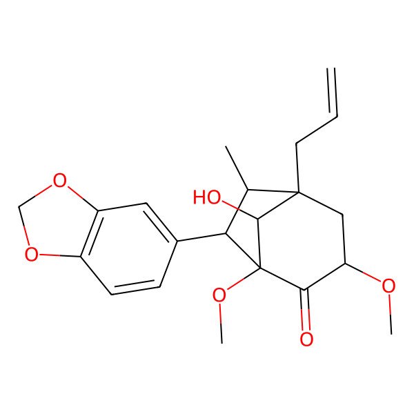 2D Structure of (1S,3S,5S,6R,7S,8S)-7-(1,3-benzodioxol-5-yl)-8-hydroxy-1,3-dimethoxy-6-methyl-5-prop-2-enylbicyclo[3.2.1]octan-2-one