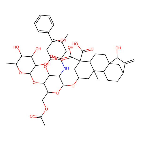 2D Structure of 7-[6-(Acetyloxymethyl)-4-(3-hydroxy-3-phenylpropanoyl)oxy-3-(3-methylbutanoylamino)-5-(3,4,5-trihydroxy-6-methyloxan-2-yl)oxyoxan-2-yl]oxy-15-hydroxy-9-methyl-14-methylidenetetracyclo[11.2.1.01,10.04,9]hexadecane-5,5-dicarboxylic acid