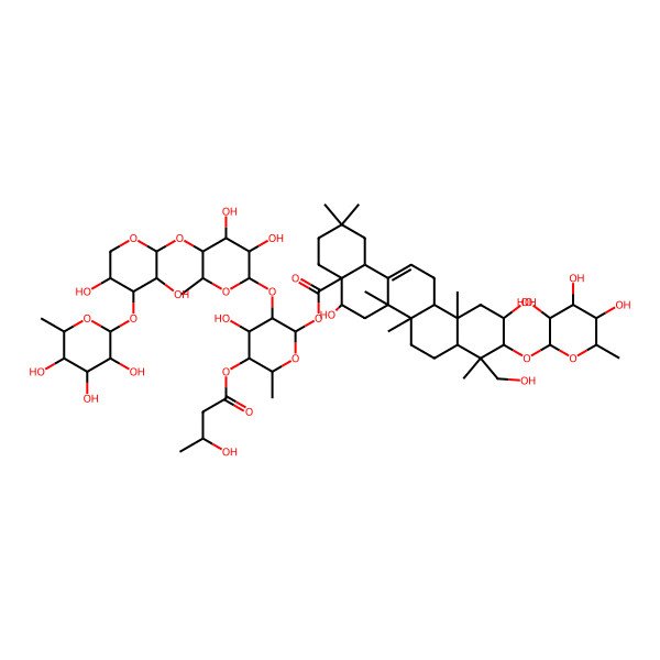 2D Structure of [(2S,3R,4S,5R,6R)-3-[(2S,3R,4S,5R,6S)-5-[(2S,3R,4S,5R)-3,5-dihydroxy-4-[(2S,3R,4R,5R,6S)-3,4,5-trihydroxy-6-methyloxan-2-yl]oxyoxan-2-yl]oxy-3,4-dihydroxy-6-methyloxan-2-yl]oxy-4-hydroxy-5-[(3S)-3-hydroxybutanoyl]oxy-6-methyloxan-2-yl] (4aR,5R,6aR,6aS,6bR,8aR,9R,10R,11S,12aR,14bS)-5,11-dihydroxy-9-(hydroxymethyl)-2,2,6a,6b,9,12a-hexamethyl-10-[(2S,3R,4R,5R,6S)-3,4,5-trihydroxy-6-methyloxan-2-yl]oxy-1,3,4,5,6,6a,7,8,8a,10,11,12,13,14b-tetradecahydropicene-4a-carboxylate