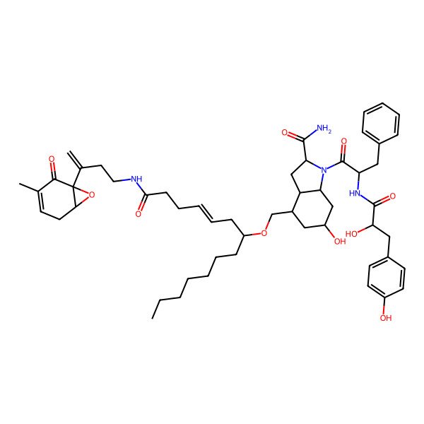 2D Structure of (2S,3aR,6S,7aS)-6-hydroxy-1-[(2R)-2-[[(2R)-2-hydroxy-3-(4-hydroxyphenyl)propanoyl]amino]-3-phenylpropanoyl]-4-[[(E,7S)-1-[3-[(1R,6R)-3-methyl-2-oxo-7-oxabicyclo[4.1.0]hept-3-en-1-yl]but-3-enylamino]-1-oxotetradec-4-en-7-yl]oxymethyl]-2,3,3a,4,5,6,7,7a-octahydroindole-2-carboxamide