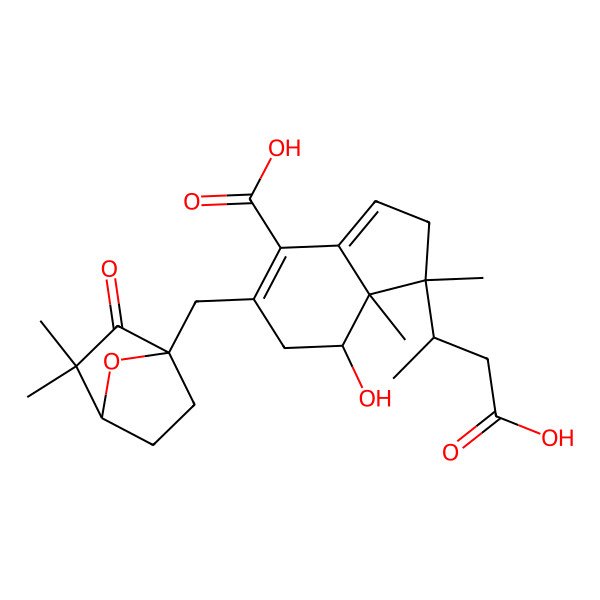 2D Structure of 1-(1-carboxypropan-2-yl)-5-[(3,3-dimethyl-2-oxo-7-oxabicyclo[2.2.1]heptan-1-yl)methyl]-7-hydroxy-1,7a-dimethyl-6,7-dihydro-2H-indene-4-carboxylic acid