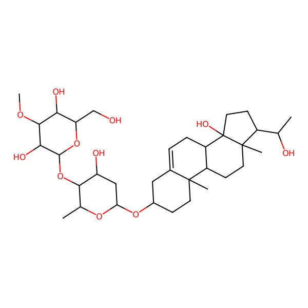 2D Structure of 2-[4-Hydroxy-6-[[14-hydroxy-17-(1-hydroxyethyl)-10,13-dimethyl-1,2,3,4,7,8,9,11,12,15,16,17-dodecahydrocyclopenta[a]phenanthren-3-yl]oxy]-2-methyloxan-3-yl]oxy-6-(hydroxymethyl)-4-methoxyoxane-3,5-diol