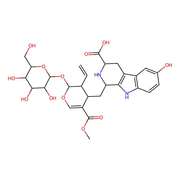 2D Structure of 1-[[3-ethenyl-5-methoxycarbonyl-2-[3,4,5-trihydroxy-6-(hydroxymethyl)oxan-2-yl]oxy-3,4-dihydro-2H-pyran-4-yl]methyl]-6-hydroxy-2,3,4,9-tetrahydro-1H-pyrido[3,4-b]indole-3-carboxylic acid
