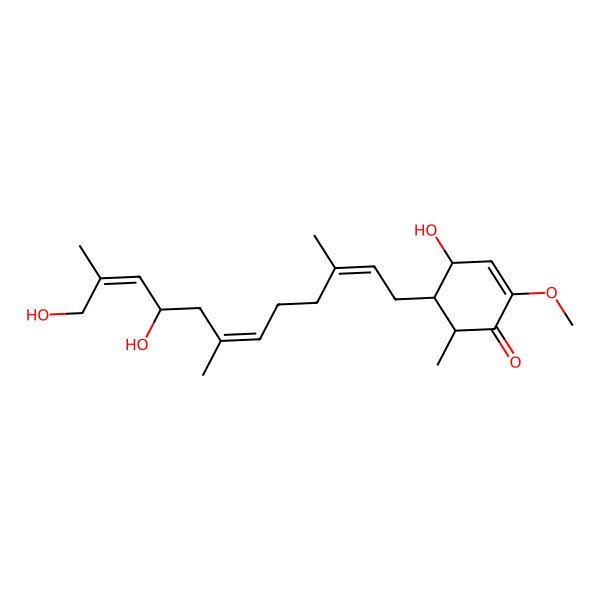 2D Structure of 5-(9,12-Dihydroxy-3,7,11-trimethyldodeca-2,6,10-trienyl)-4-hydroxy-2-methoxy-6-methylcyclohex-2-en-1-one
