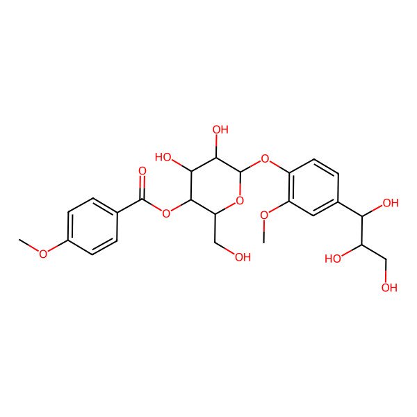 2D Structure of [(2R,3S,4R,5R,6S)-4,5-dihydroxy-2-(hydroxymethyl)-6-[2-methoxy-4-[(1S,2S)-1,2,3-trihydroxypropyl]phenoxy]oxan-3-yl] 4-methoxybenzoate