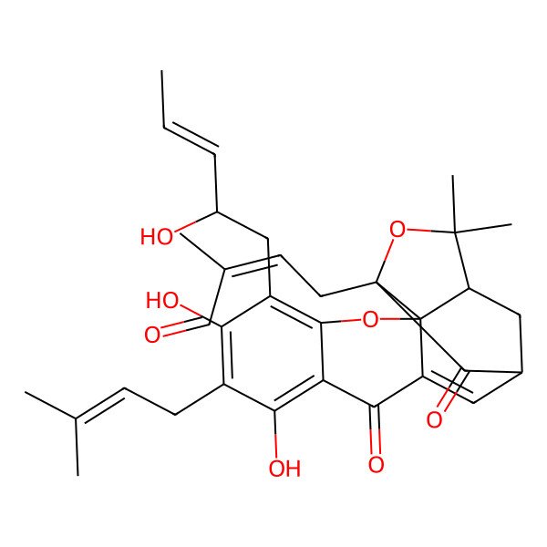 2D Structure of (E)-4-[(1R,13R,15S)-6,8-dihydroxy-5-[(E)-2-hydroxypent-3-enyl]-17,17-dimethyl-7-(3-methylbut-2-enyl)-10,14-dioxo-3,16-dioxapentacyclo[11.4.1.02,11.02,15.04,9]octadeca-4,6,8,11-tetraen-15-yl]-2-methylbut-2-enal