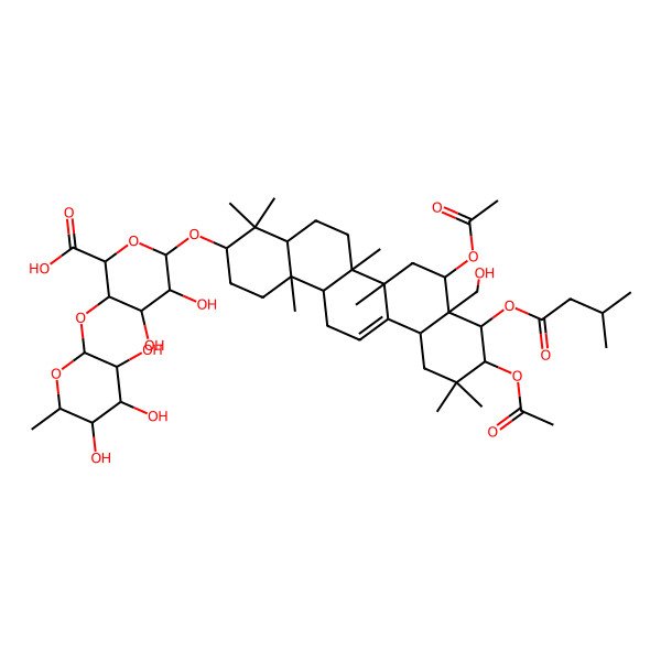 2D Structure of (2S,3S,4R,5R,6R)-6-[[(3S,4aR,6aR,6bS,8R,8aR,9R,10R,12aS,14aR,14bR)-8,10-diacetyloxy-8a-(hydroxymethyl)-4,4,6a,6b,11,11,14b-heptamethyl-9-(3-methylbutanoyloxy)-1,2,3,4a,5,6,7,8,9,10,12,12a,14,14a-tetradecahydropicen-3-yl]oxy]-4,5-dihydroxy-3-[(2S,3R,4R,5R,6S)-3,4,5-trihydroxy-6-methyloxan-2-yl]oxyoxane-2-carboxylic acid