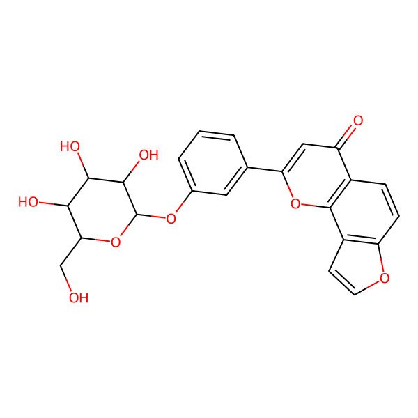 2D Structure of 2-[3-[(2S,3R,4S,5S,6R)-3,4,5-trihydroxy-6-(hydroxymethyl)oxan-2-yl]oxyphenyl]furo[2,3-h]chromen-4-one