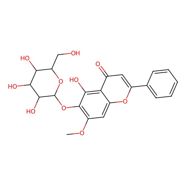 2D Structure of 5-hydroxy-7-methoxy-2-phenyl-6-[(2S,3R,4S,5S,6R)-3,4,5-trihydroxy-6-(hydroxymethyl)oxan-2-yl]oxychromen-4-one
