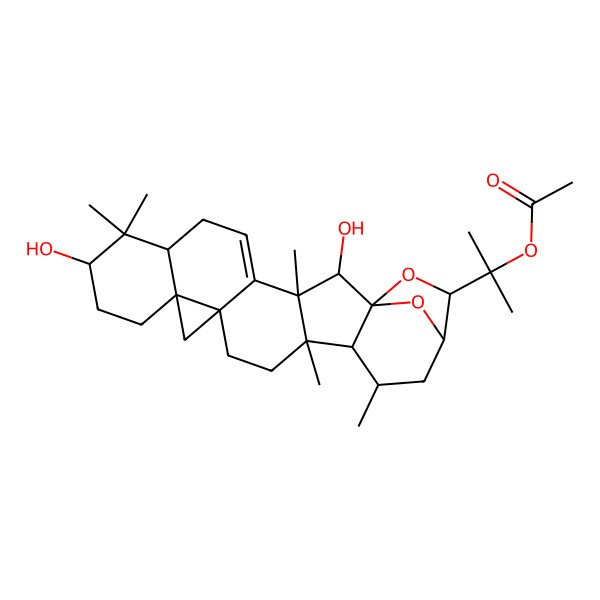 2D Structure of 2-[(1R,2R,3R,7R,9S,12R,14R,17R,18R,19R,21R,22S)-2,9-dihydroxy-3,8,8,17,19-pentamethyl-23,24-dioxaheptacyclo[19.2.1.01,18.03,17.04,14.07,12.012,14]tetracos-4-en-22-yl]propan-2-yl acetate