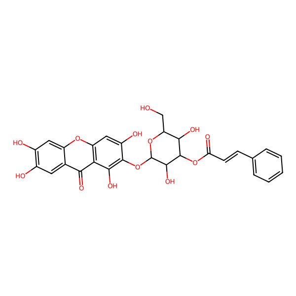 2D Structure of [(2R,3R,4S,5R,6S)-3,5-dihydroxy-2-(hydroxymethyl)-6-(1,3,6,7-tetrahydroxy-9-oxoxanthen-2-yl)oxyoxan-4-yl] (E)-3-phenylprop-2-enoate