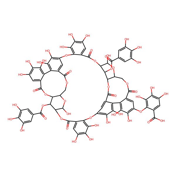 2D Structure of 2-[[4,5,6,12,20,21,22,25,26,30,31,32,38,47,48,51,52-Heptadecahydroxy-9,17,35,43,55,61-hexaoxo-58,64-bis[(3,4,5-trihydroxybenzoyl)oxy]-2,10,13,16,28,36,39,42,56,62-decaoxaundecacyclo[35.15.6.514,27.111,15.03,8.018,23.029,34.040,57.044,49.050,54.024,60]tetrahexaconta-1(52),3,5,7,18,20,22,24,26,29,31,33,44,46,48,50,53,59-octadecaen-46-yl]oxy]-3,4,5-trihydroxybenzoic acid