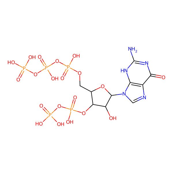 2D Structure of [(2R,3S,4R,5R)-5-(2-amino-6-oxo-3H-purin-9-yl)-4-hydroxy-2-[[hydroxy-[hydroxy(phosphonooxy)phosphoryl]oxyphosphoryl]oxymethyl]oxolan-3-yl] phosphono hydrogen phosphate