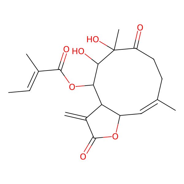 2D Structure of [(3aS,4S,5S,6S,10E,11aR)-5,6-dihydroxy-6,10-dimethyl-3-methylidene-2,7-dioxo-3a,4,5,8,9,11a-hexahydrocyclodeca[b]furan-4-yl] (E)-2-methylbut-2-enoate